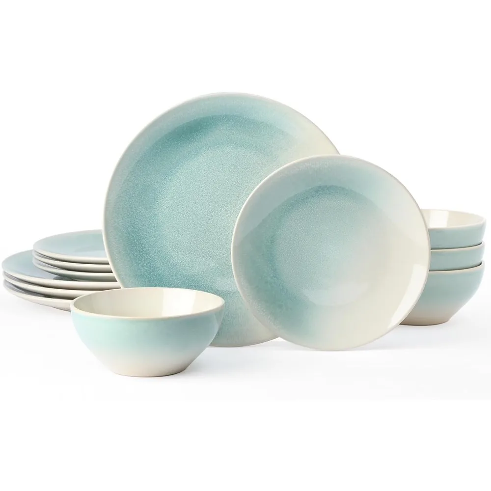 

12 Piece Dinnerware Sets, Stoneware Plates and Bowls Sets for 4, Reactive Glaze Dish Set，Ceramic Dishes- Dishwasher