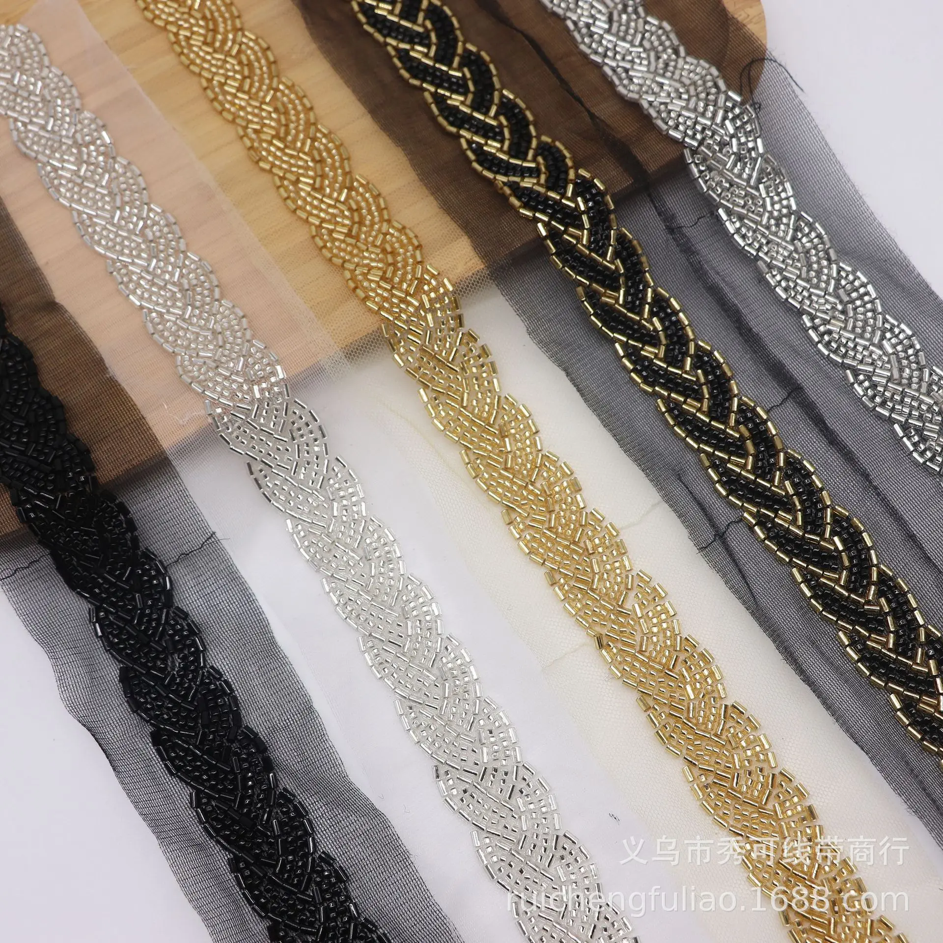 Organza Beaded Lace Trim Linen Twisted Heavy-duty Rice Bead Lace Ribbon DIY Clothing Women\'s Clothing Hair Accessories