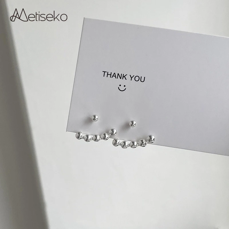 Metiseko 925 Sterling Silver Stud Earrings Side by Side Round Beads Hanging Earring Minimalist Style Individuality for Women