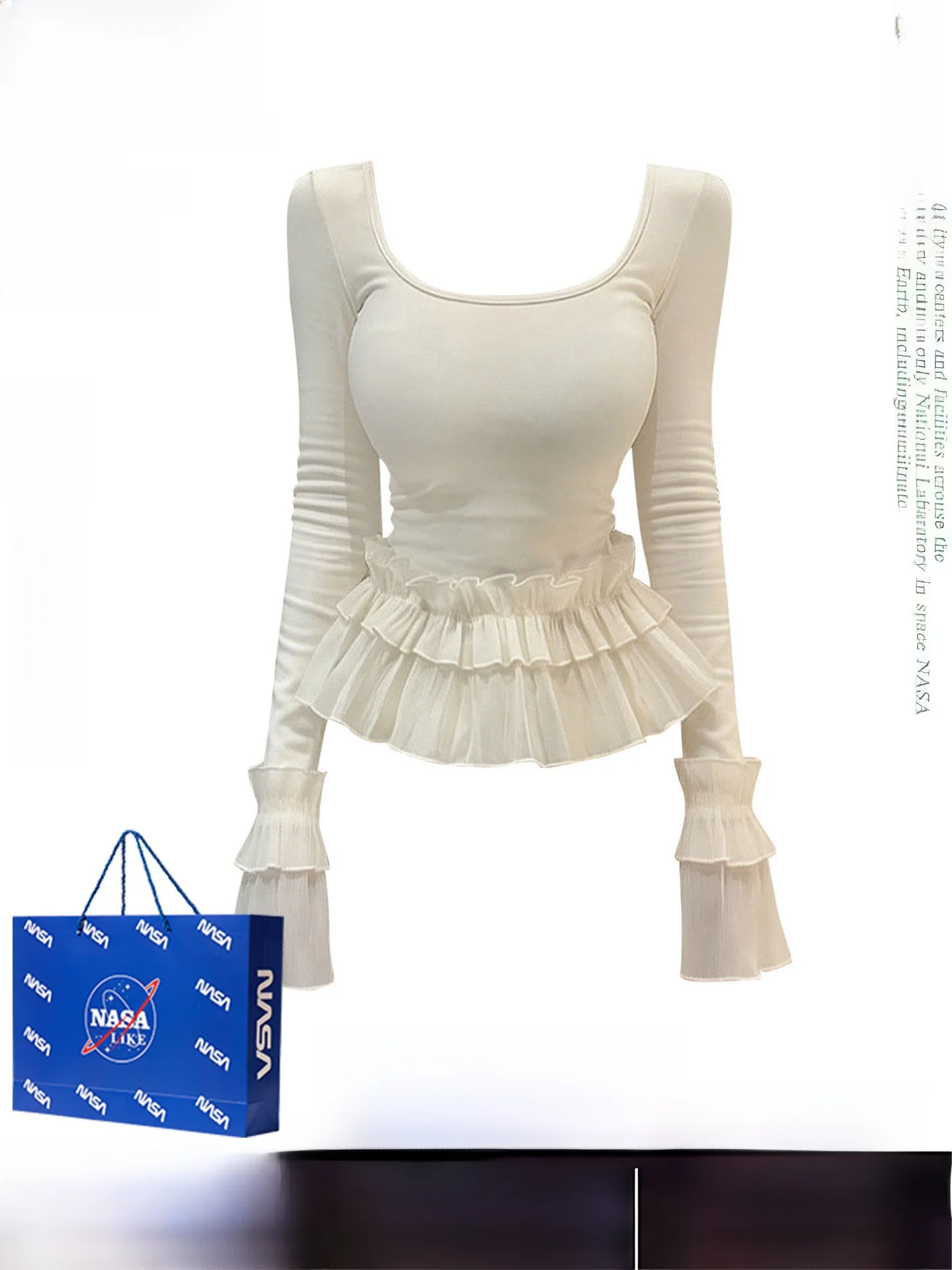 

Нежная корейская женская футболка с длинным рукавом и кружевом, осенне-зимняя, приталенная, с U-образным вырезом, с драпировкой на талии, базовая модель