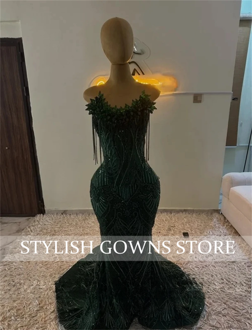 Sparkly Emerald Green Rhinestones Diamond Prom Dresses Customized Beading Evening Gowns African Wedding Party Gala Dress