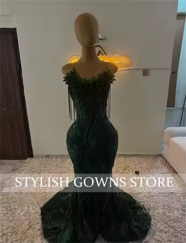 Sparkly Emerald Green Rhinestones Diamond Prom Dresses Customized Beading Evening Gowns African Wedding Party Gala Dress
