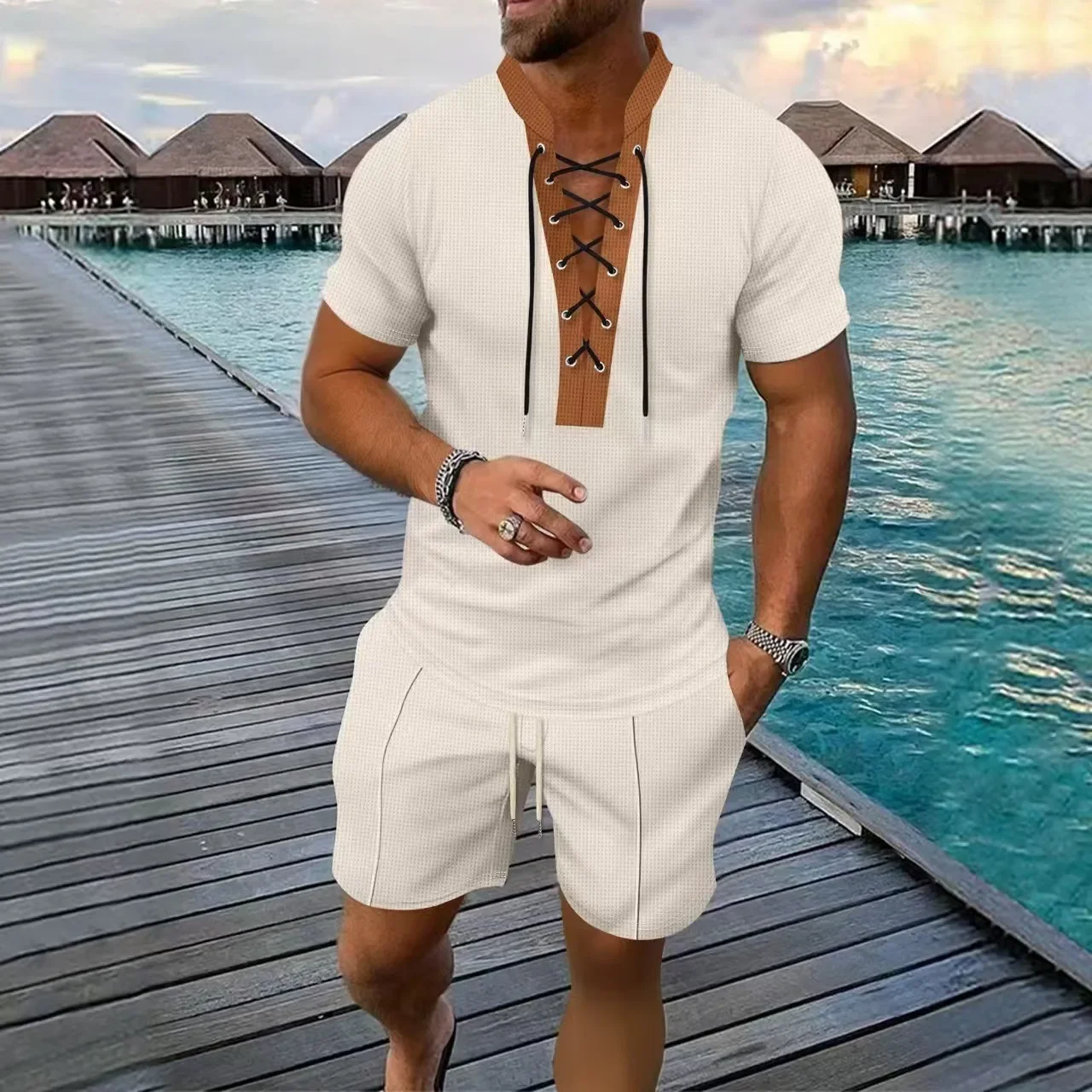 

Men's Summer Casual Fashionable Drawstring T-Shirt And Shorts Set Waffle Two-Piece Top Bottoms Outfit for 2025