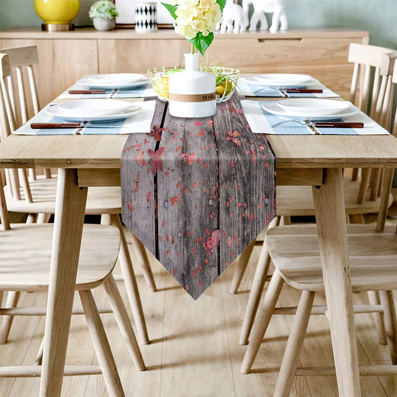 Modern Floral Tablecloth Red Leaves On Wooden Board Table Runner For Wedding Hotel Party Table Runners Home Decoration