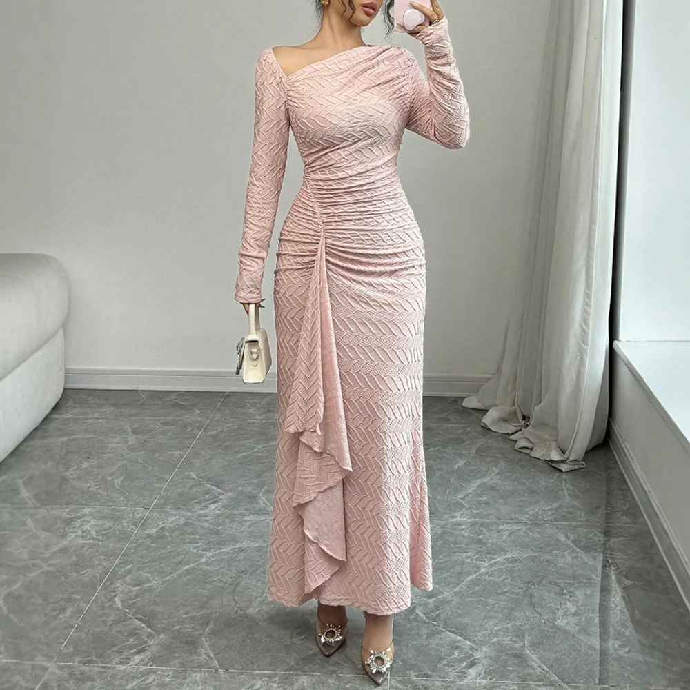 Летние платья Mia Muse 2025, женское элегантное однотонное вечернее платье миди с длинными рукавами и асимметричным воротником-футляром