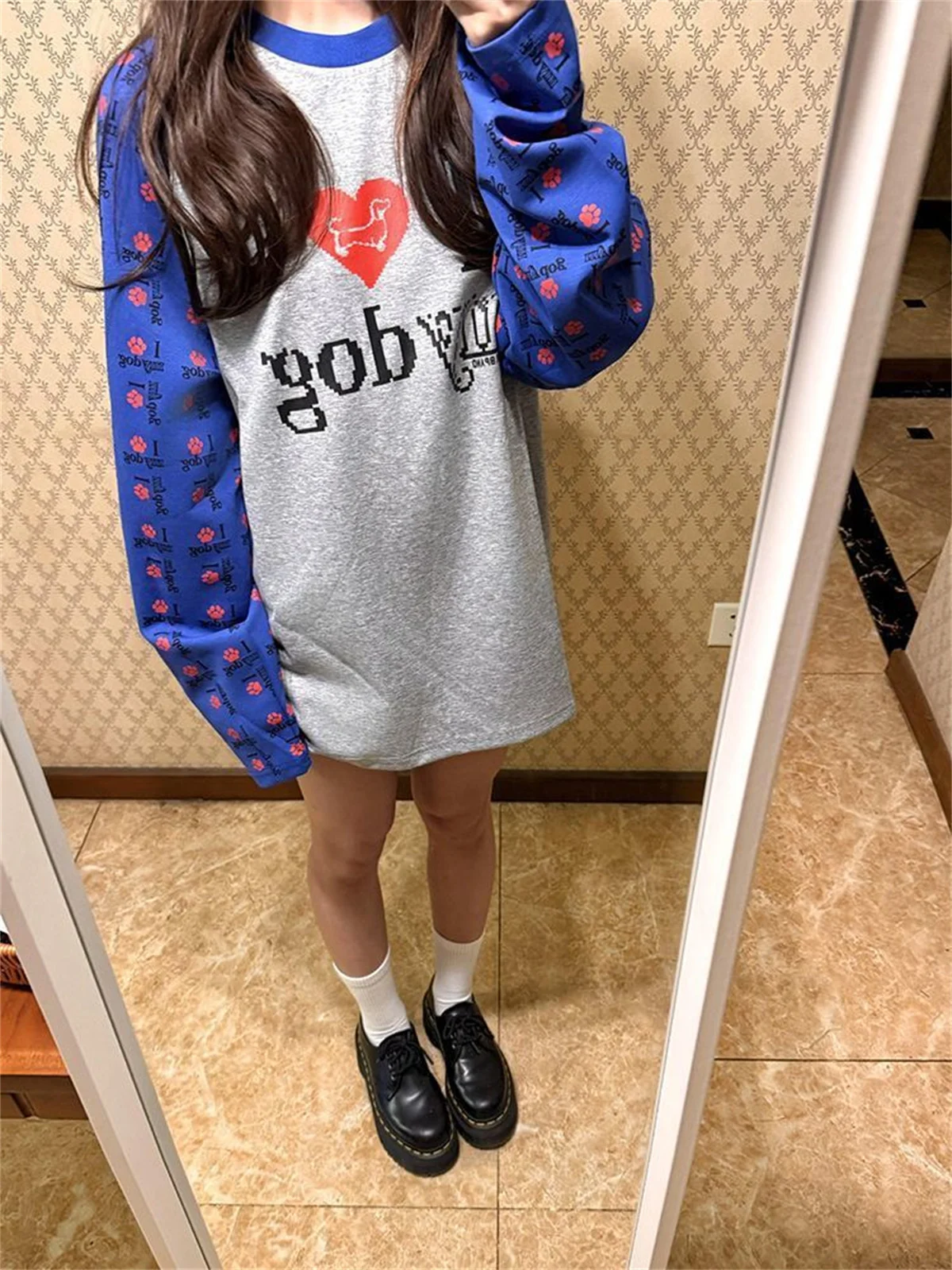 Retro coração cão cor blo longo sve camiseta masculina solta casual topo faionable preguiçoso sle outono coleção de fibra de poliéster topos