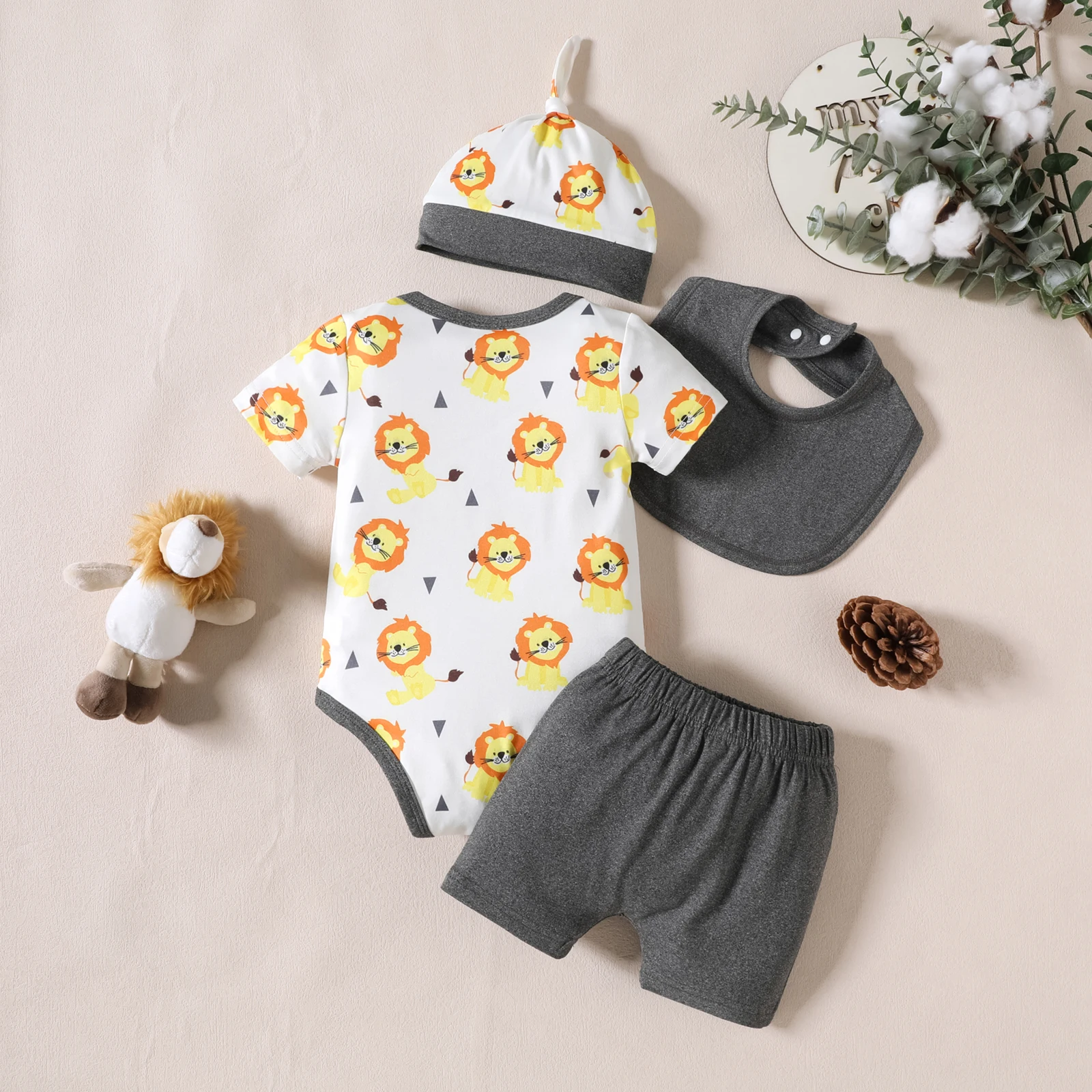 4PCS 0-18M Baby Boys Costumes Cute Animal Printing Short Sleeve Shorts Sets 2024 Summer Bodysuit Newborn Infant Birth Hat Sets