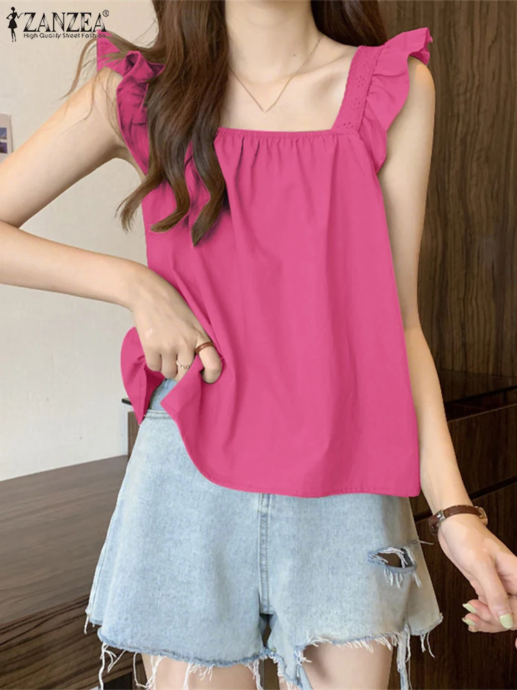 

2025 ZANZEA Elegant Sleeveless Square Neck Tanks Tops Women Summer Blouse Stylish Ruffles Holiday Shirt Casual Solid Blusas