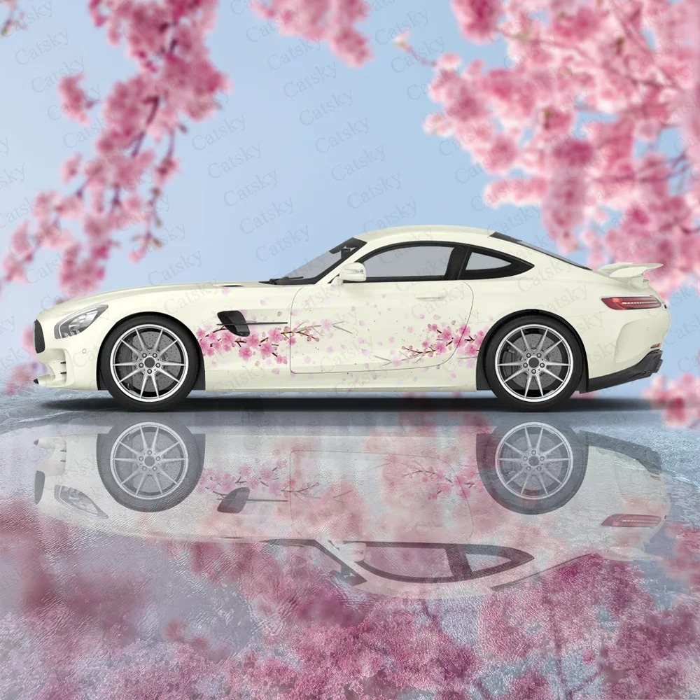 Cherry Blossom Pink Flower Car Side Sticker Decor Protect, Car Vinyl Wraps Waterproof Self-adhesive Sticker, Auto Accessories