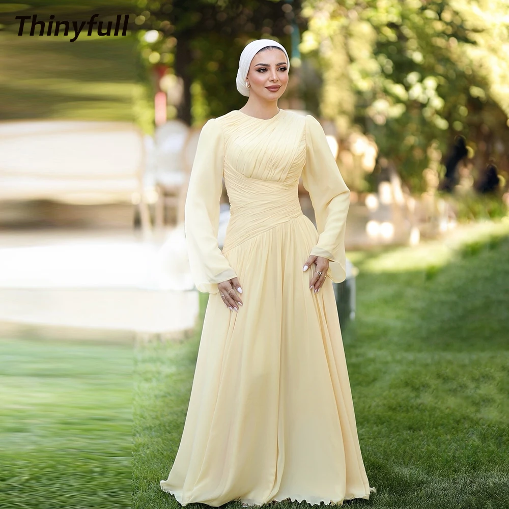 

Thinyfull A-line Muslim Prom Dresses Chiffon O-neck Full Sleeves Holiday Style Gown Evening Dress Robe De Soirée Customized