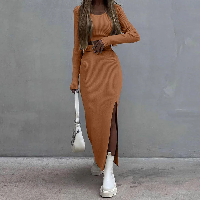 Solid Knitted Elastic Suit Casual Two-piece Set Womens Outifits Autumn Winter O-neck Long Sleeve T-shirt and Slit Long Skirt Set