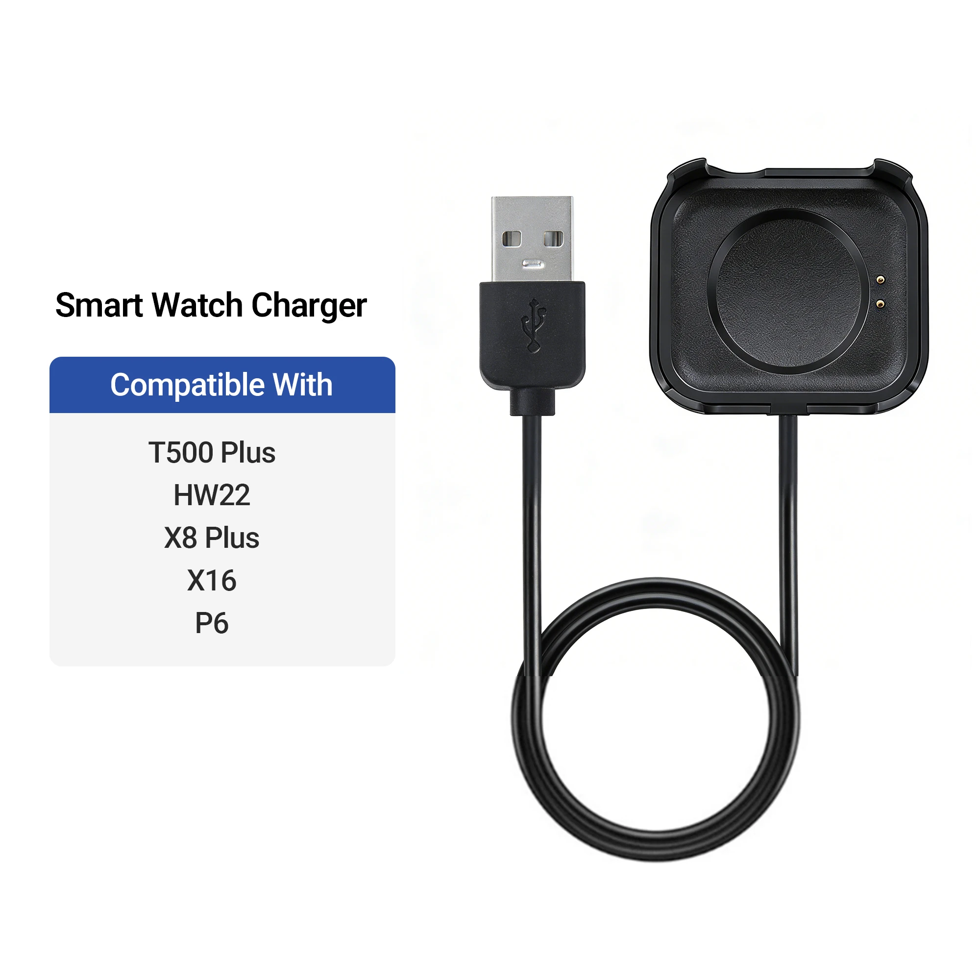 Cable de carga para reloj inteligente T500 Plus, HW22, X8 Plus, X16, P6 - Base de carga universal, pin de 4,0 mm, cable USB portátil, 25 cm