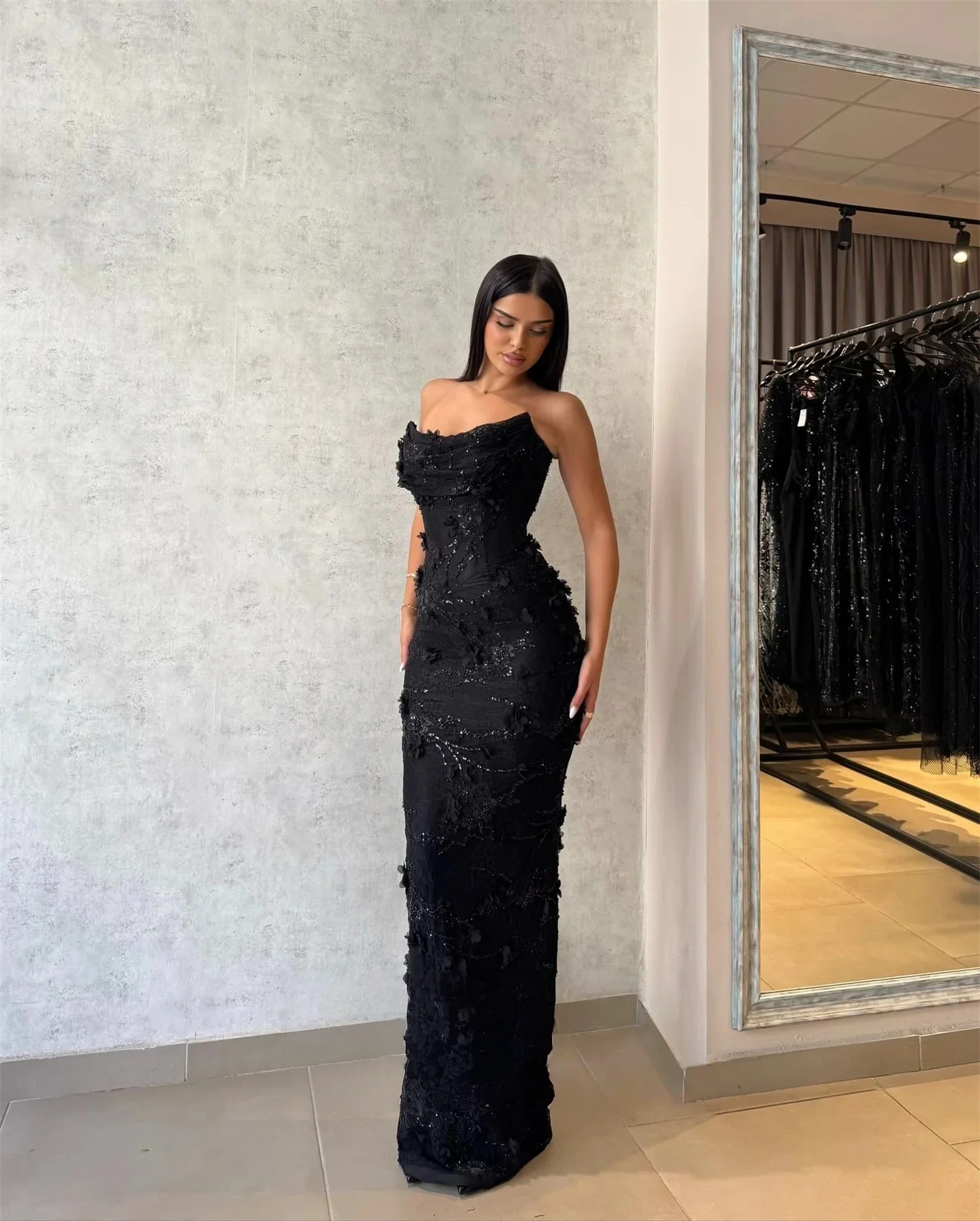 Zwarte pure bloemen lange op maat gemaakte gelegenheid jurk avondjurken prom pastorale unisex jersey retro dubai Saoedi-Arabisch aangepast