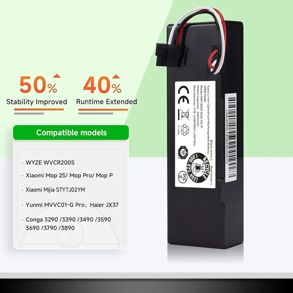 

High Capacity 6800mAh 14.8V Robot Vacuum Battery for Wyze WVCR200S 200S for Xiaomi Mop Pro Mop P Mijia 2S