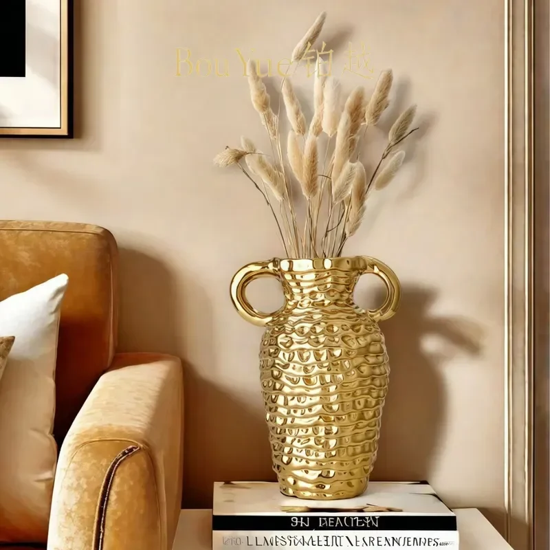 Creative Gold Hammered Vase Luxury Binaural Flower Arrangement Home Decor Ornament for Living Room Dining Table Modern Art