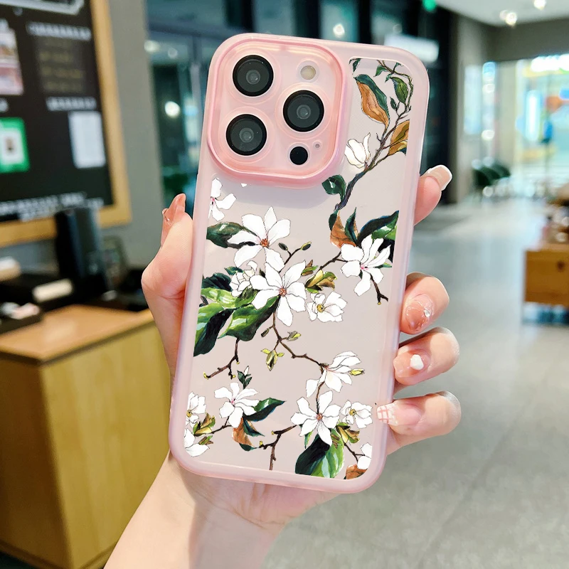 Luxury White Flower Branch Case For iPhone 15 16 Pro Max 11 12 13 14 Pro Max Lens Protector Shockproof Clear Soft Silicone Cover