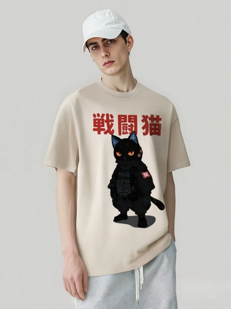 

Funny Fighting Cat Printed Wshed T-shirts Heavyweight High Quality Pure Cotton Washed T-shirt Korean Japanese Short Sleeve Tops