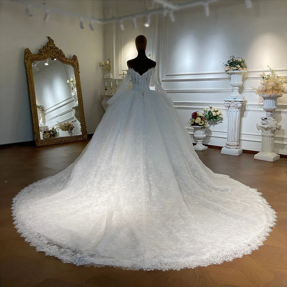 Allover Lace Off-The-Shoulder Ball Gown Wedding Dress Bell Sleeves With Corset Bodice Royal Train Evening Dress Customizable