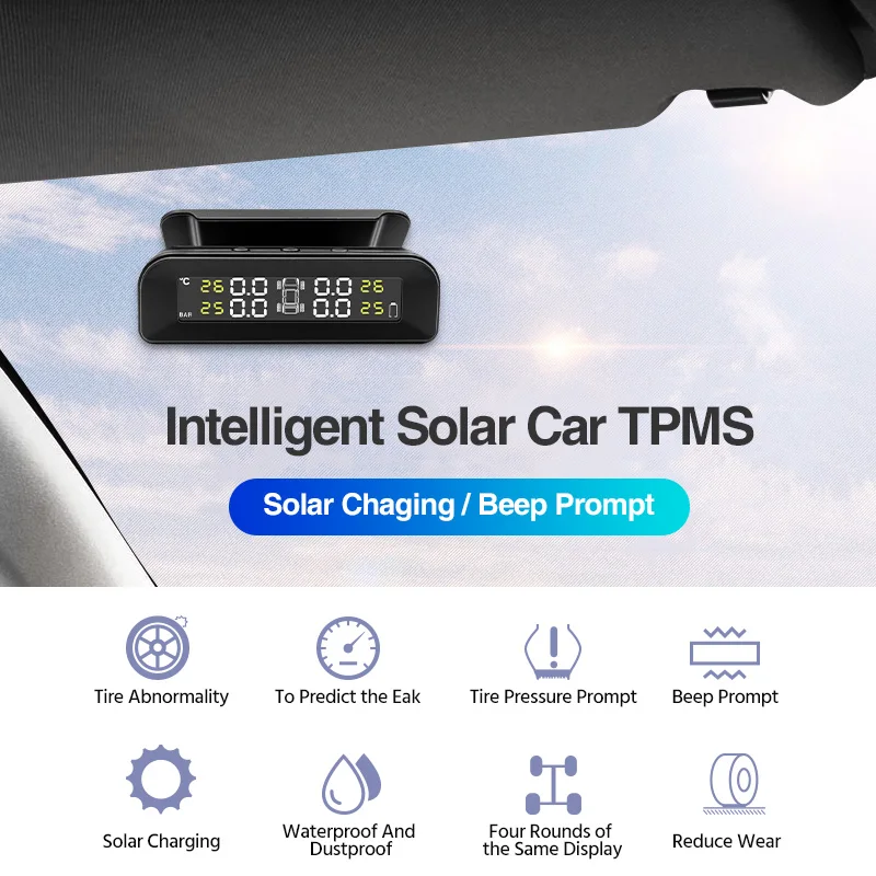 E-ACE Smart TPMS Car Tire Pressure Alarm Temperature Monitor System 4 Sensors  Display Solar Intelligent USB And Solar Charging