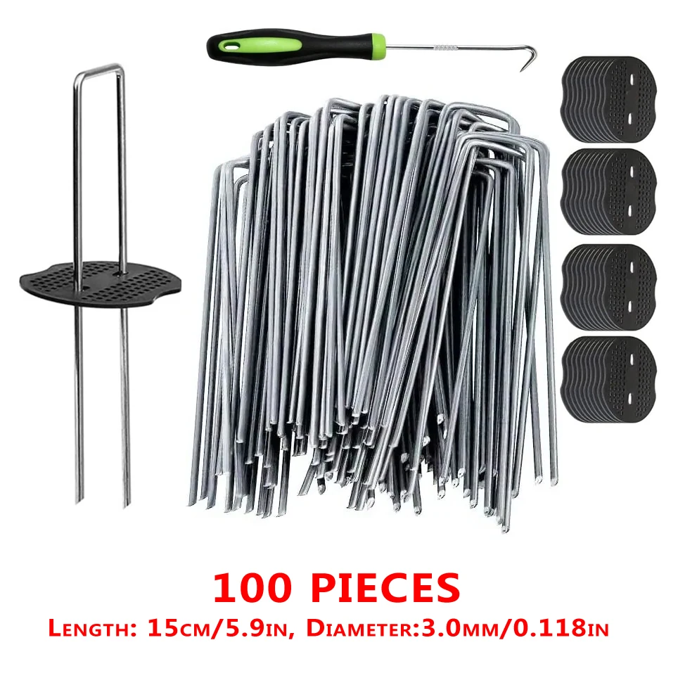 

100Pcs u shaped ground pegs,Garden Stakes Staples and Gasket+1pcs pick hook,Heavy Duty Yard Ground Pin for Weed Barri