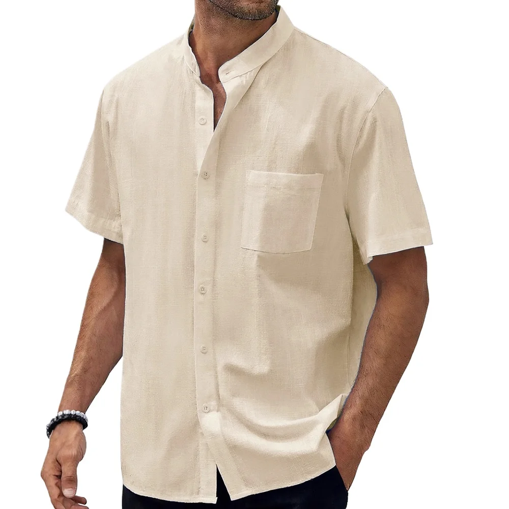 Men's Short Sleeve Shirts Henley Neck Single Breasted Solid Color Casual Shirt Lightweight Cotton Linen Classic Male Cozy Tops