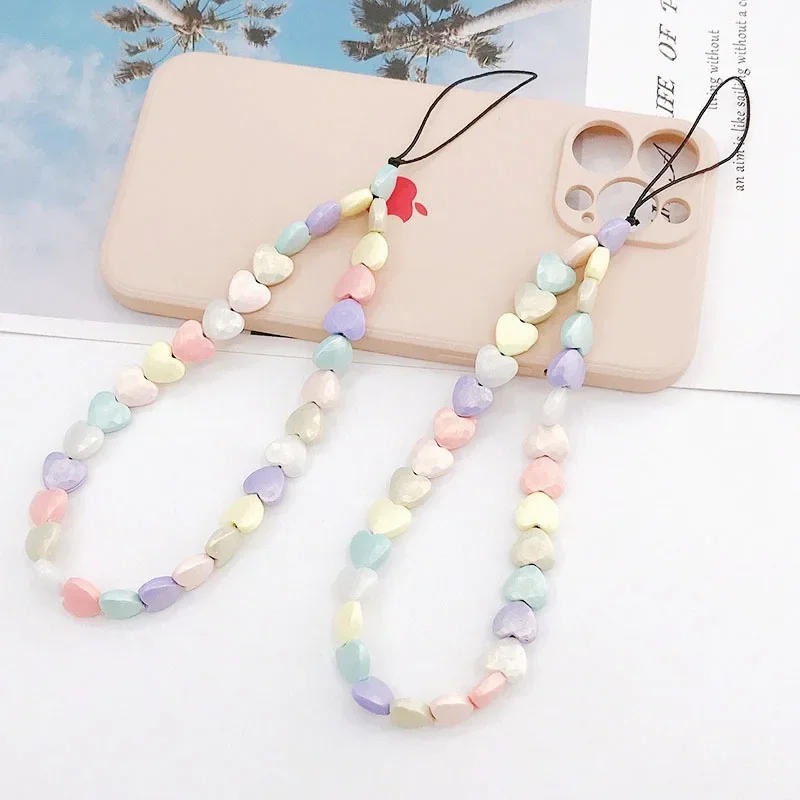 Trend New Frosted Love Phone Chain Beaded Color Phone Lanyard Anti-release Rope Anti-fall Wrist Strap Mobile Phone Accessories