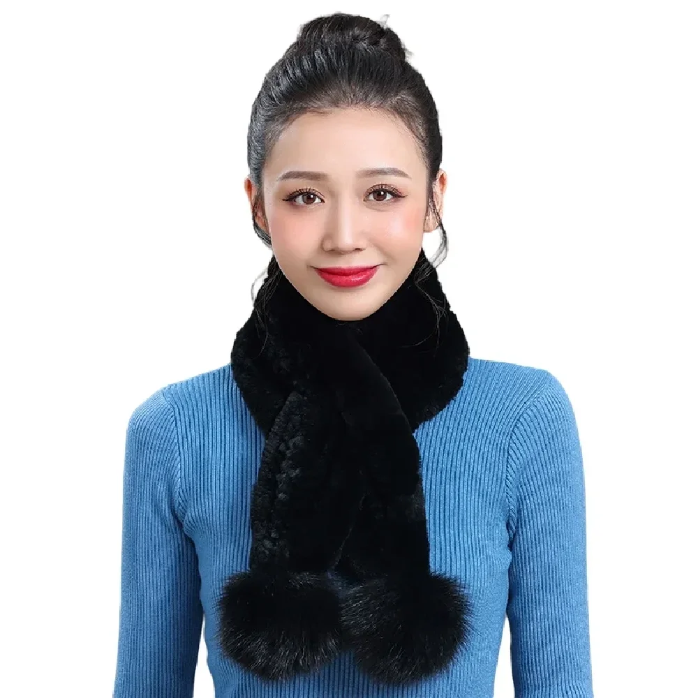 

Women Real Rex Rabbit Fur Scarf Winter Warm Neckerchief Fox Fur Pompom Handmade Fluffy Soft