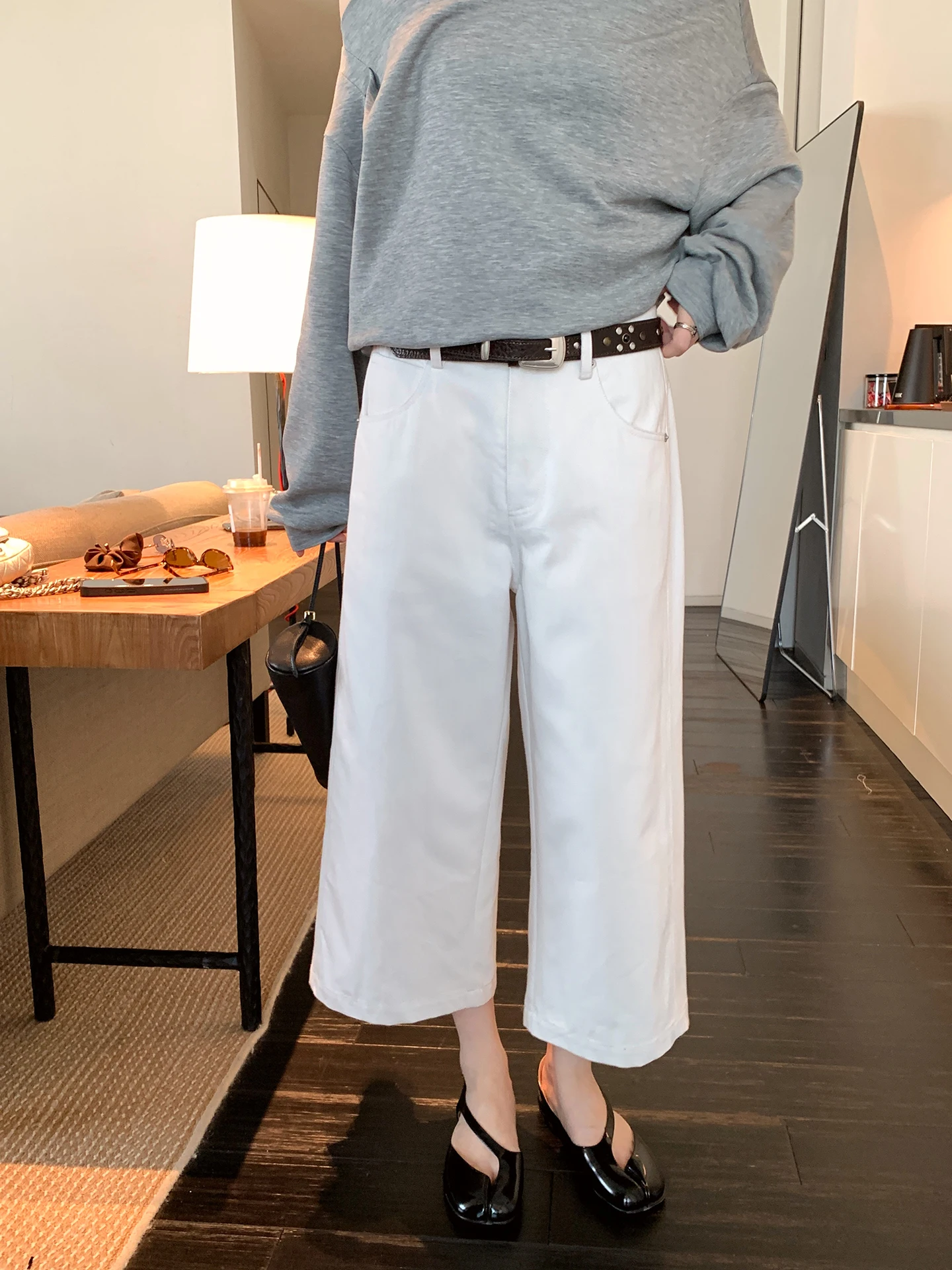 Casual Straight Leg Pants Women's White Slimming Loose Fit Nine-Tenths Length Comfortable Cotton Lenzing Lyocell Fiber