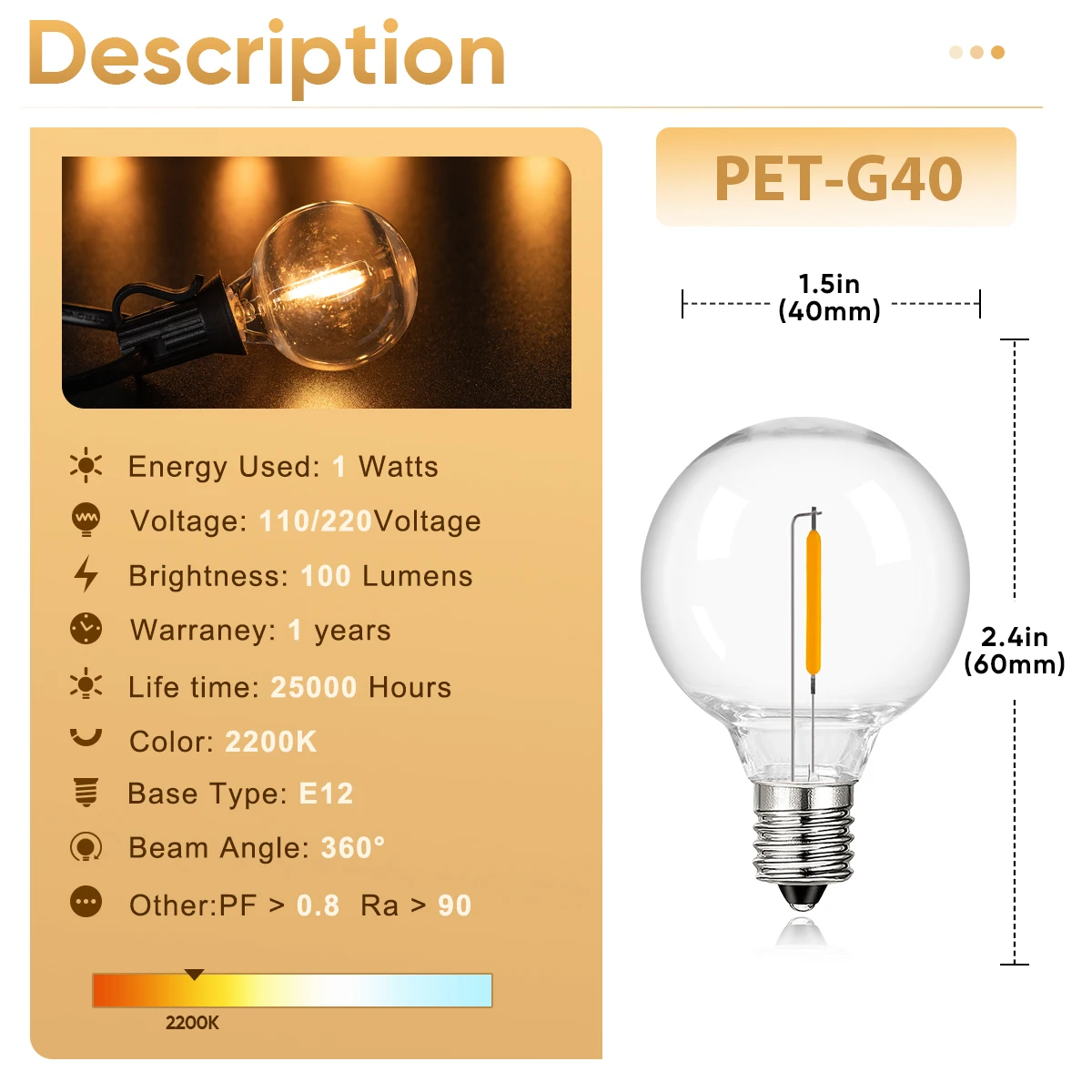 Plastic G40 Led Lampen 220V 110V E12 Gloeilamp Shatterproof Vervangbaar Warm Wit Buiten Voor Straat Slinger Decoratie Verlichting