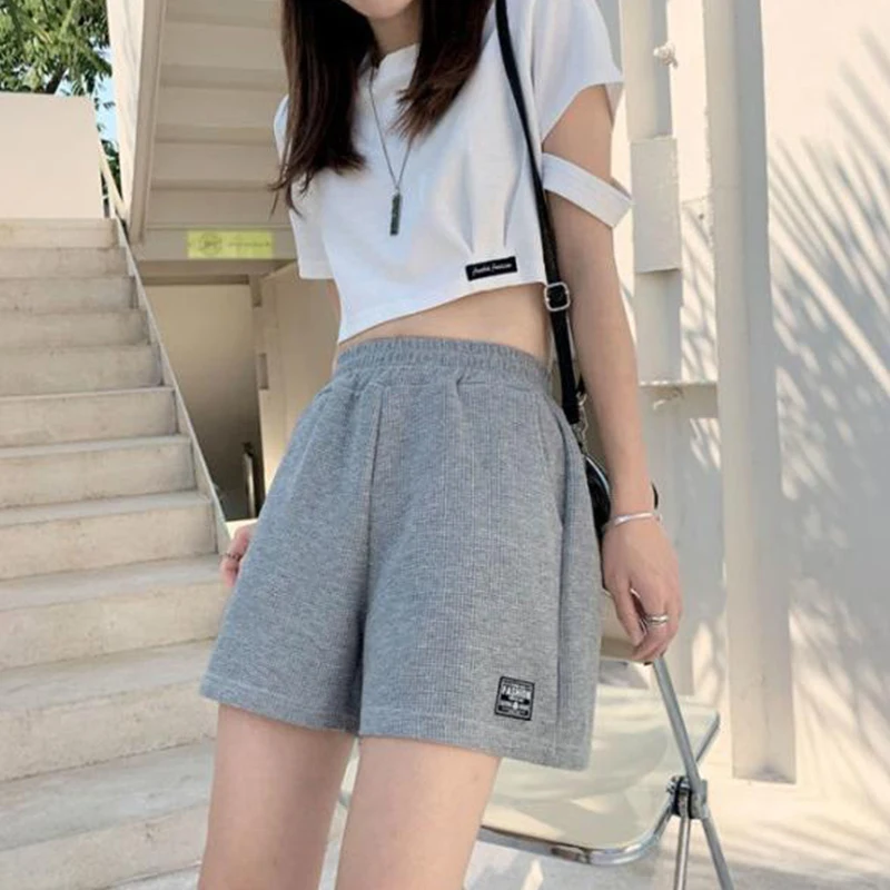 Fashionable Waffle High Waist Elastic Waist Loose Casual Sports Commuter Shorts