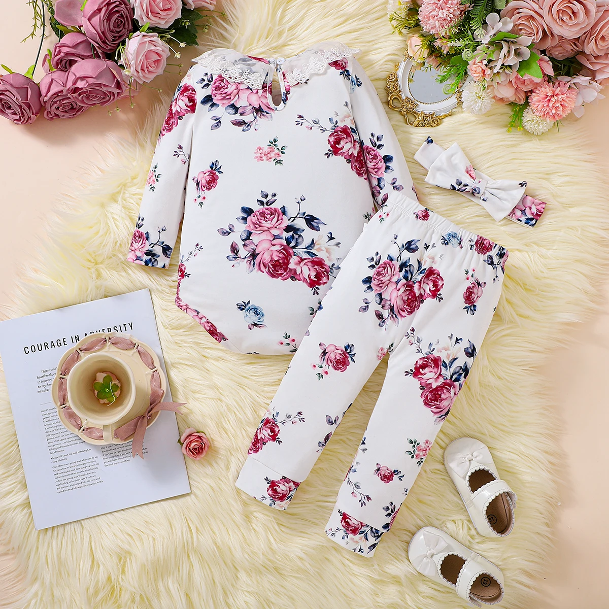 Baby Girl Casual Floral All-over Print Long Sleeve Triangle Romper + Pants + Headscarf Three-piece Set
