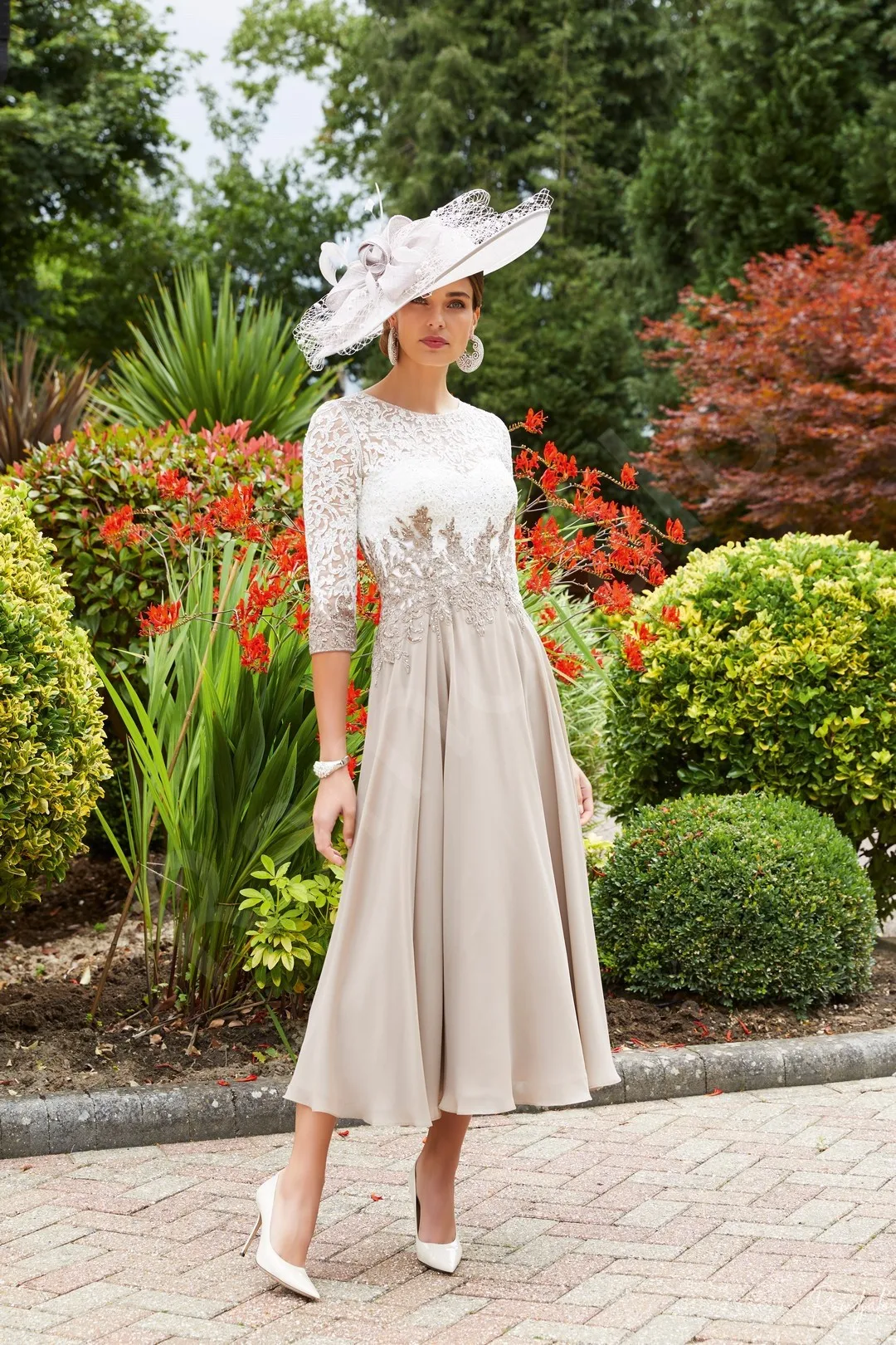 Customized Elegant Mother of the Bride Gowns Beige Midi Dress Featuring Intricate Lace Bodice 3/4 Sleeves Graceful Flowing Skirt