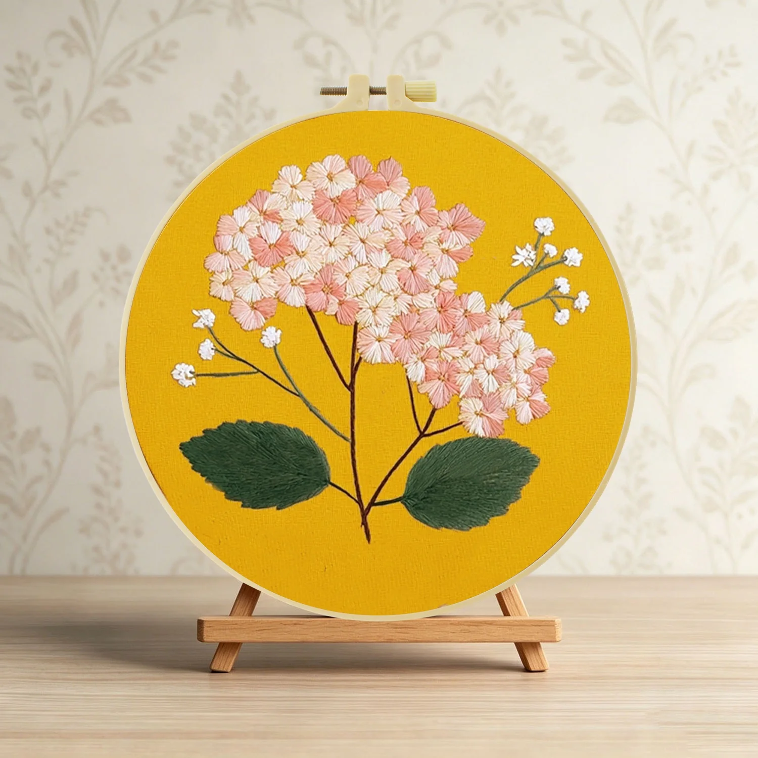Rosa Hortensie auf Gelb 1 Stück DIY Stickerei-Material-Set für Anfänger Stickerei-Starter-Kit Kreuzstich-Kunst als Geschenk Nadelarbeit – Detail 4