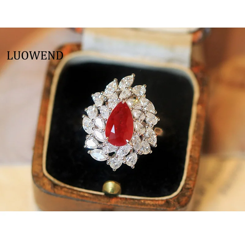 LUOWEND 100% 18K White Gold Rings Women Luxury Elegant Design Shiny Diamond Natural Ruby Ring for Women High Party Jewelry