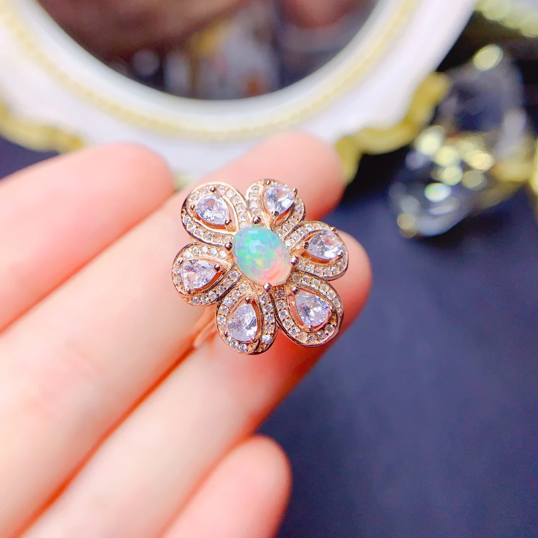 

FS 5*7mm Natural Opal Flower Ring S925 Sterling Silver for Women Fine Fashion Charm Weddings Jewelry MeiBaPJ With Certificate