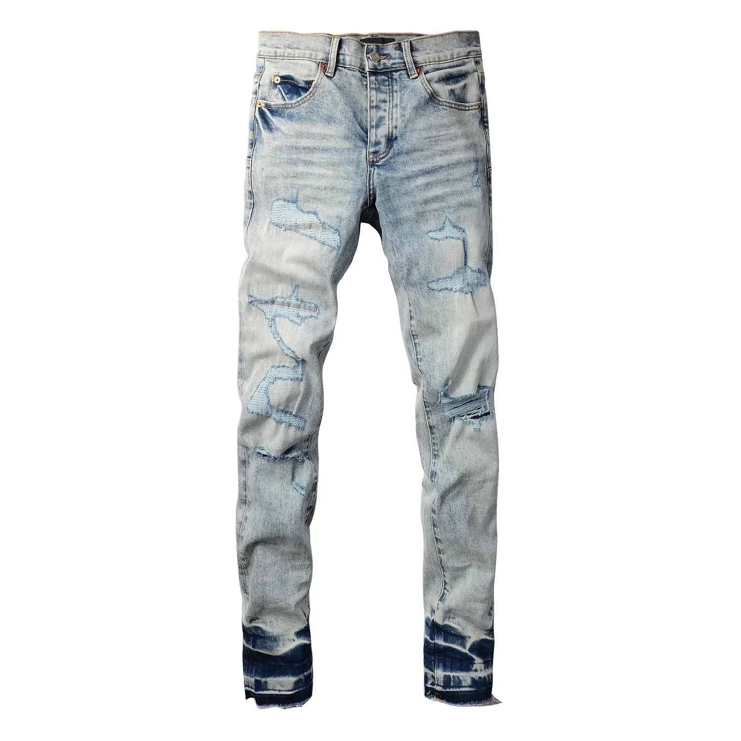 

Men's Jeans Faded Blue Distressed American Streetwear High Stretch Skinny Button Fly Ripped Holes men jeans