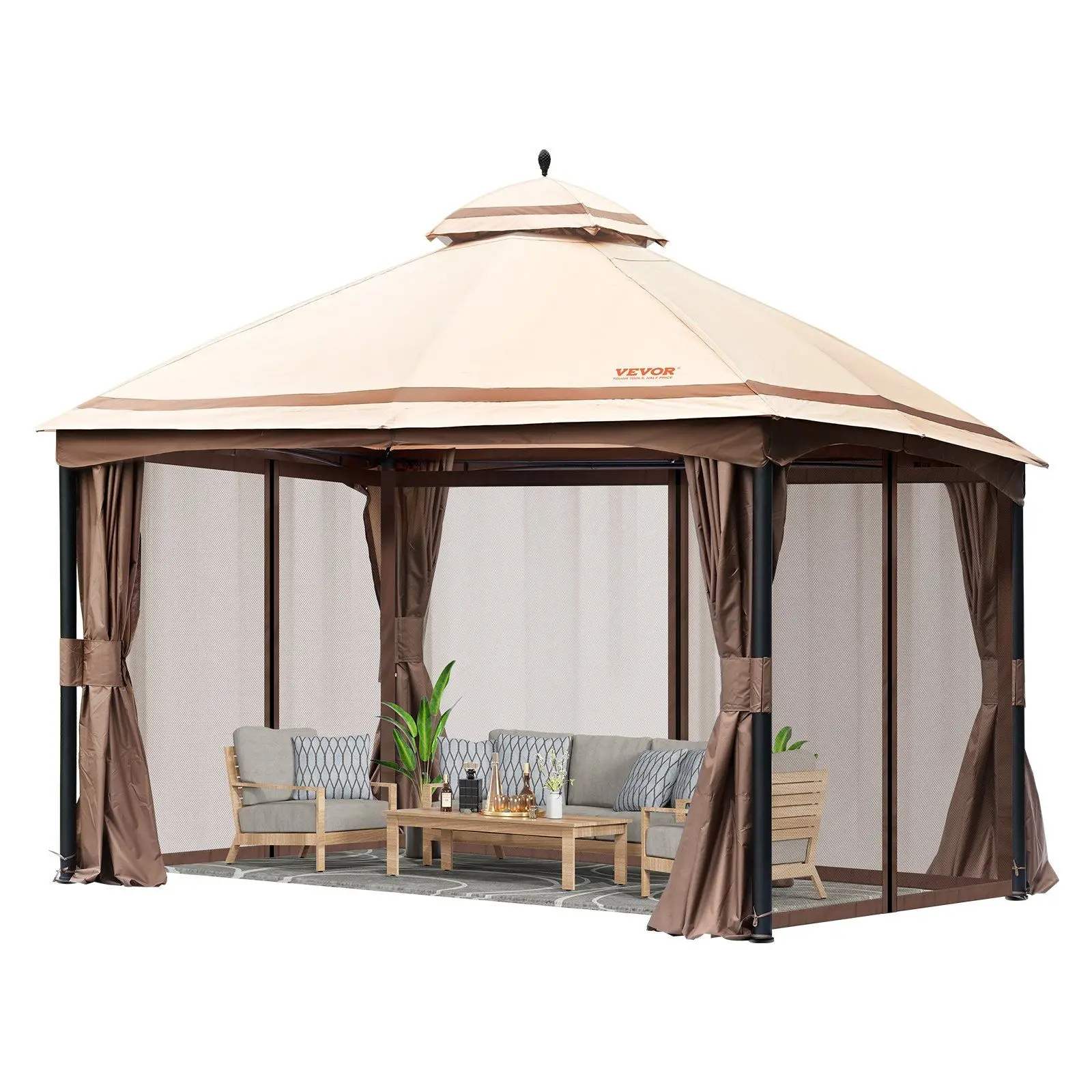 Patio Gazebo for 10-12 Person, 10 x 13 FT Backyard Gazebo,with Mosquito Netting, Metal Frame, and PU Coated 180G Polyester, Deck