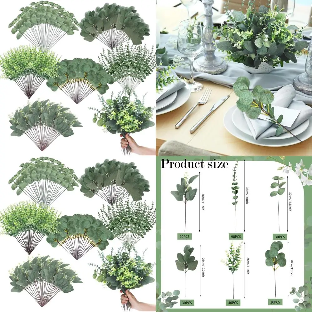 

6 Types 300pcs Artificial Mixed Greenery Stems: Eucalyptus, Silver Dollar, for Vase Decor, Wedding Floral Arrangements