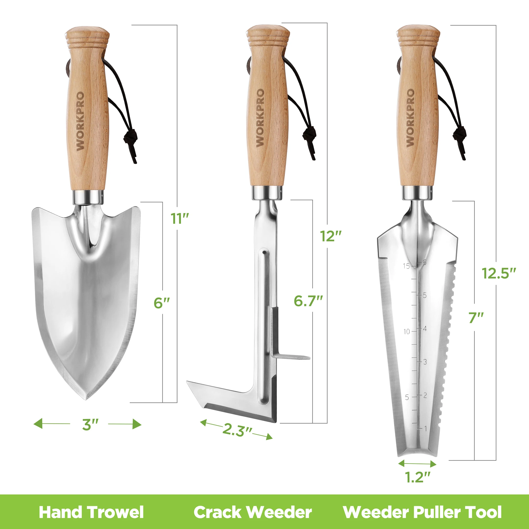 WORKPRO Garden Tool Set 3 Pcs Gardening Tools with Wood Handle, Weed Puller, Crack Weeder and Hand Trowel, Durable Garden Hand