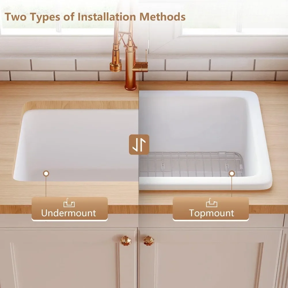 Fireclay Undermount Kitchen Sink, Single Bowl Kitchen Sink, Workstation Sink with Sink Grid and Basket Strainer