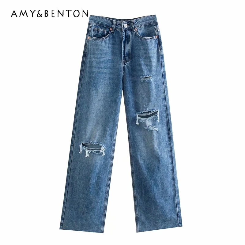 Spring and Autumn New European American Retro Street Ripped Jeans Women Fashion All-Match Slim High Waisted Pants Wide-Leg Pants