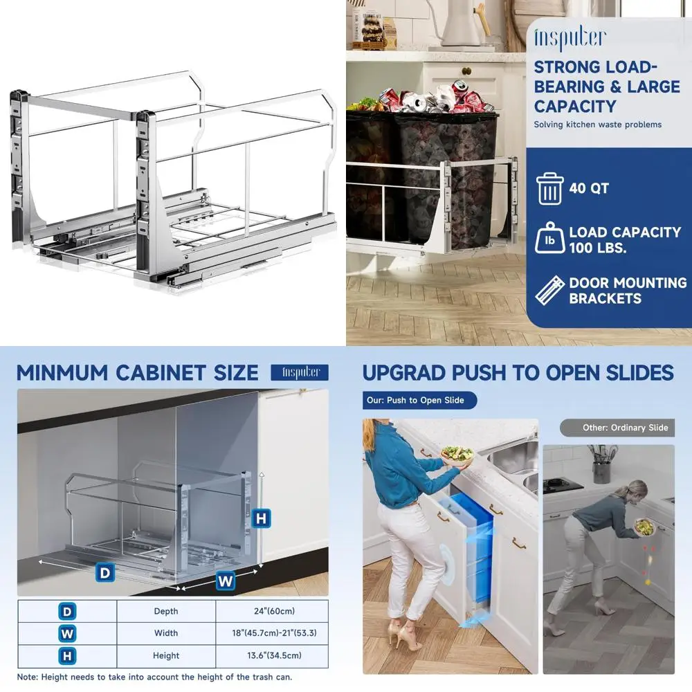 

Heavy Duty Kitchen Trash Can with Push-to-Open Slides, Under Cabinet Pull Out Garbage Can Kit for Sink Area, Space-Saving and Du