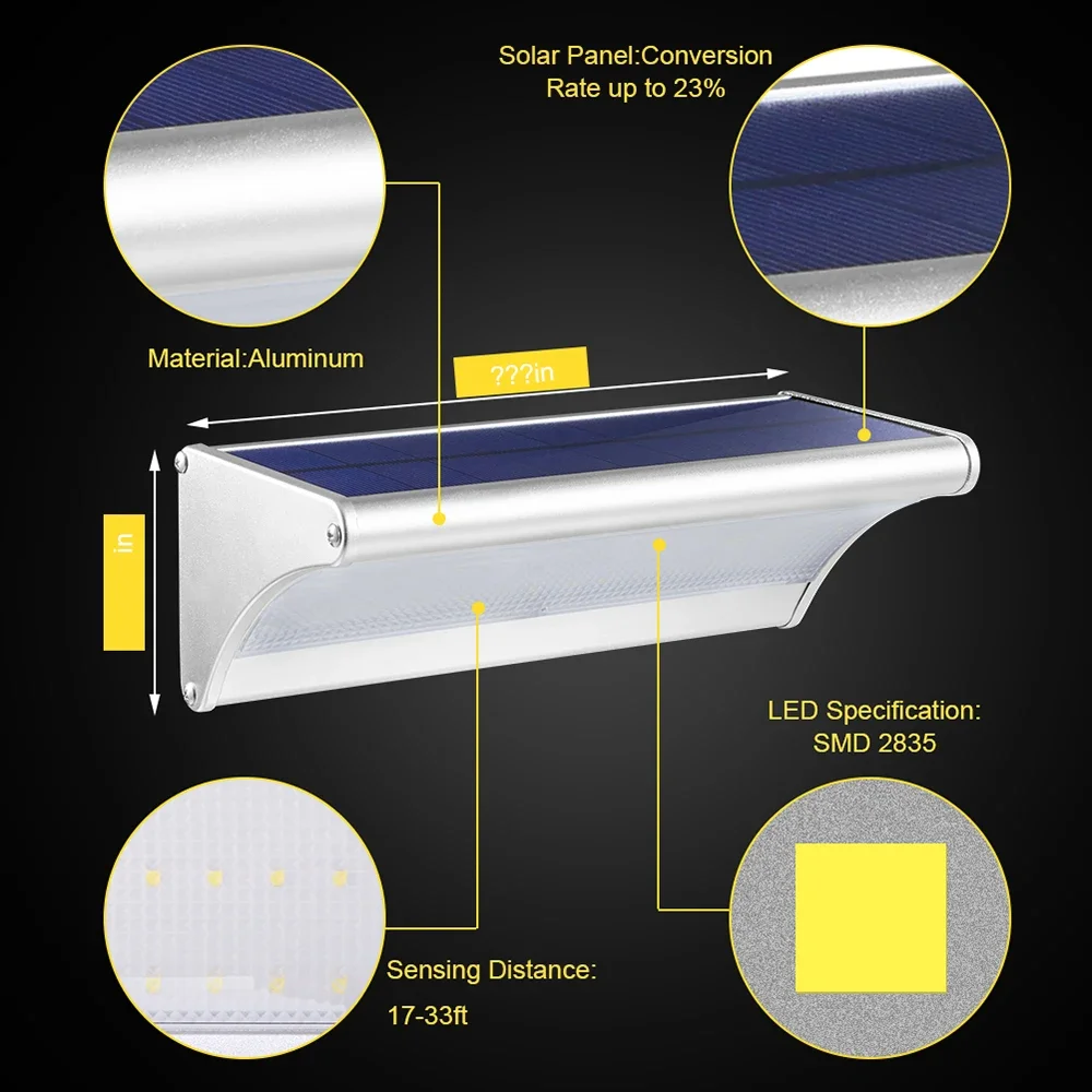 60/48Led Outdoor Solar Wall Light Solar Flood Lights Motion Sensor Waterproof Wall Lamp Metal Housing 1100LM for Garden Lighting
