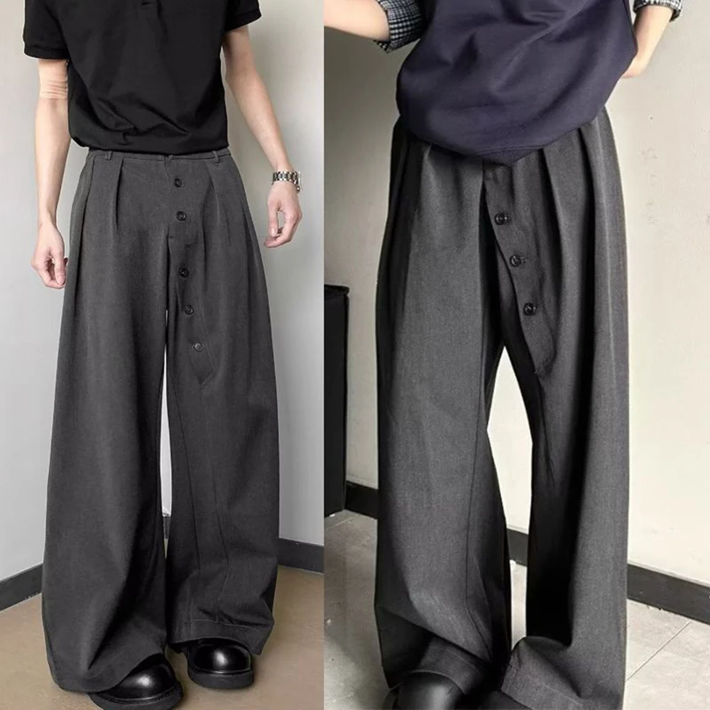 Summer New Men's Solid Color Asymmetric Button Suit Trousers American Retro Fashion Trend Casual Loose Casual Men's Bottoms