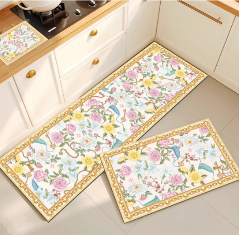 VIKAMA Korean-Style Kitchen Floor Mat Floral Diatomaceous Earth Runner Bathroom Absorbent Non-Slip Foot Mat Home Decor