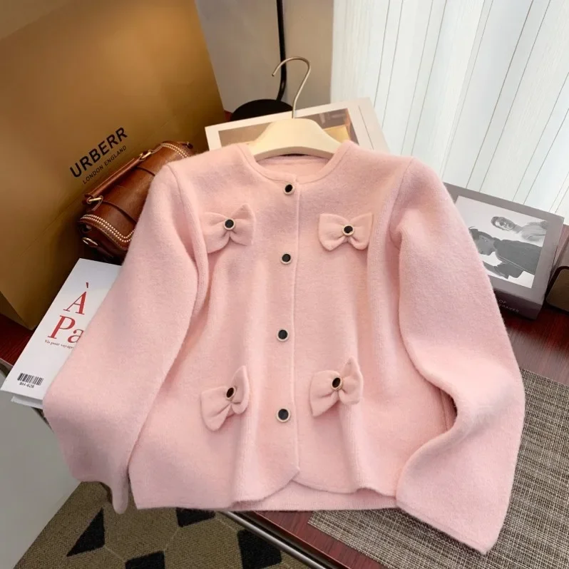 MiiiiX French Style Eleagnt Knitted Cardigan Women's Sweater Jacket 2024 Autumn O-neck Bow Loose Sweet Outerwears Female Clothes