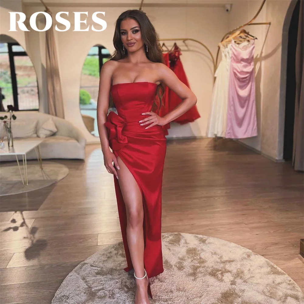 

ROSES Red Evening Dress Strapless Trumpet Party Dress with Pleat Satin Vestido De Novia Sexy Sleeveless High Slit Prom Dresses