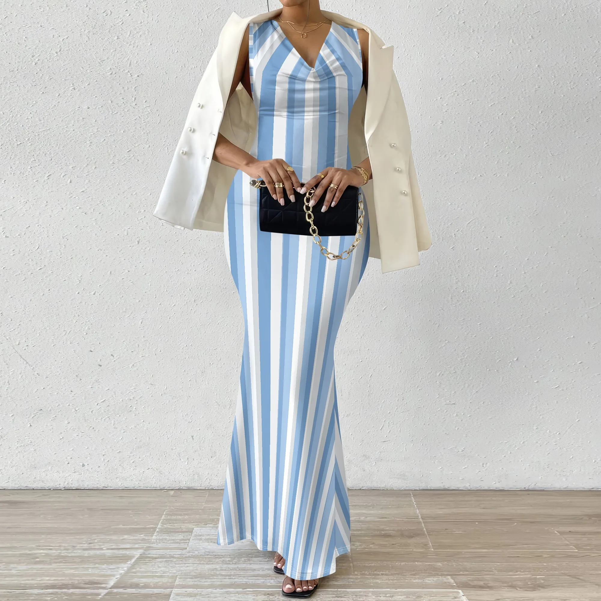 

Women's Striped Bodycon Maxi Dress 2025 Summer Sleeveless V Neck Sexy Mermaid Long Dress Party Evening XS-XXL