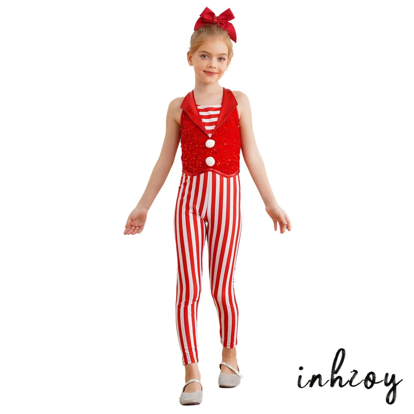 

Kids Girls Christmas Candy Cane Striped Jumpsuit Cosplay Costume Stripes Dance Unitards Xmas Party Stage Performance Dress Up