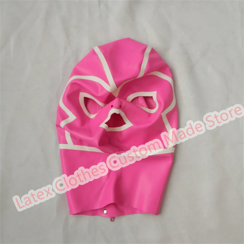 Latex Hood Rubber Pink with White Open Mouth Masks Rear Zip Customized 0.4mm Halloween Cosplay Costumes for Men Women